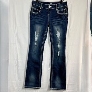 Almost Famous "Always Fabulous" Jeans Size 11 Y2K Distressed Denim Rhinestone